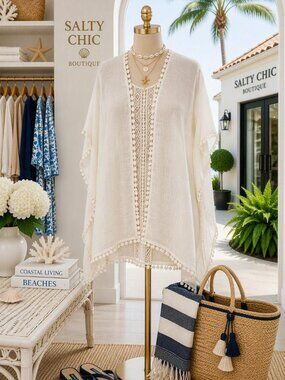 Steve Madden Cream Lace-Trim Poncho kimono Cover-Up